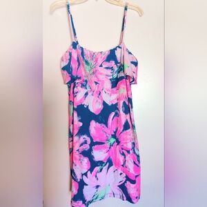 LILLY PULITZER Hot Pink Multi Tropical Floral Stretch  Mini Dress Size LARGE